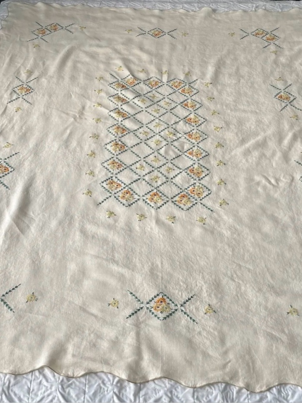Large Off White Yellow / Gold / Green Hand Embroidered Tablecloth